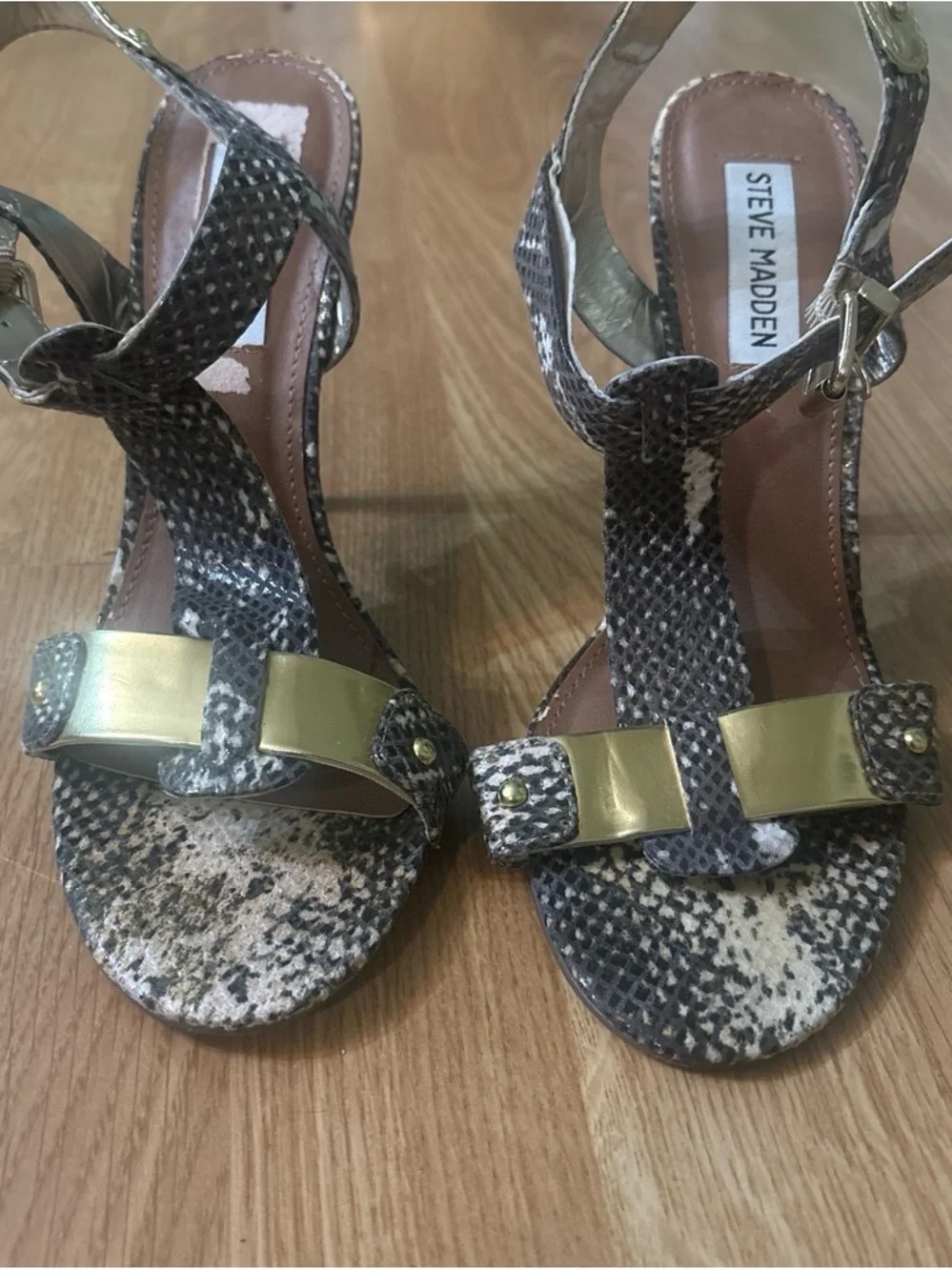 Steve Madden Snake-Print T-Strap Heels with Gold Accents